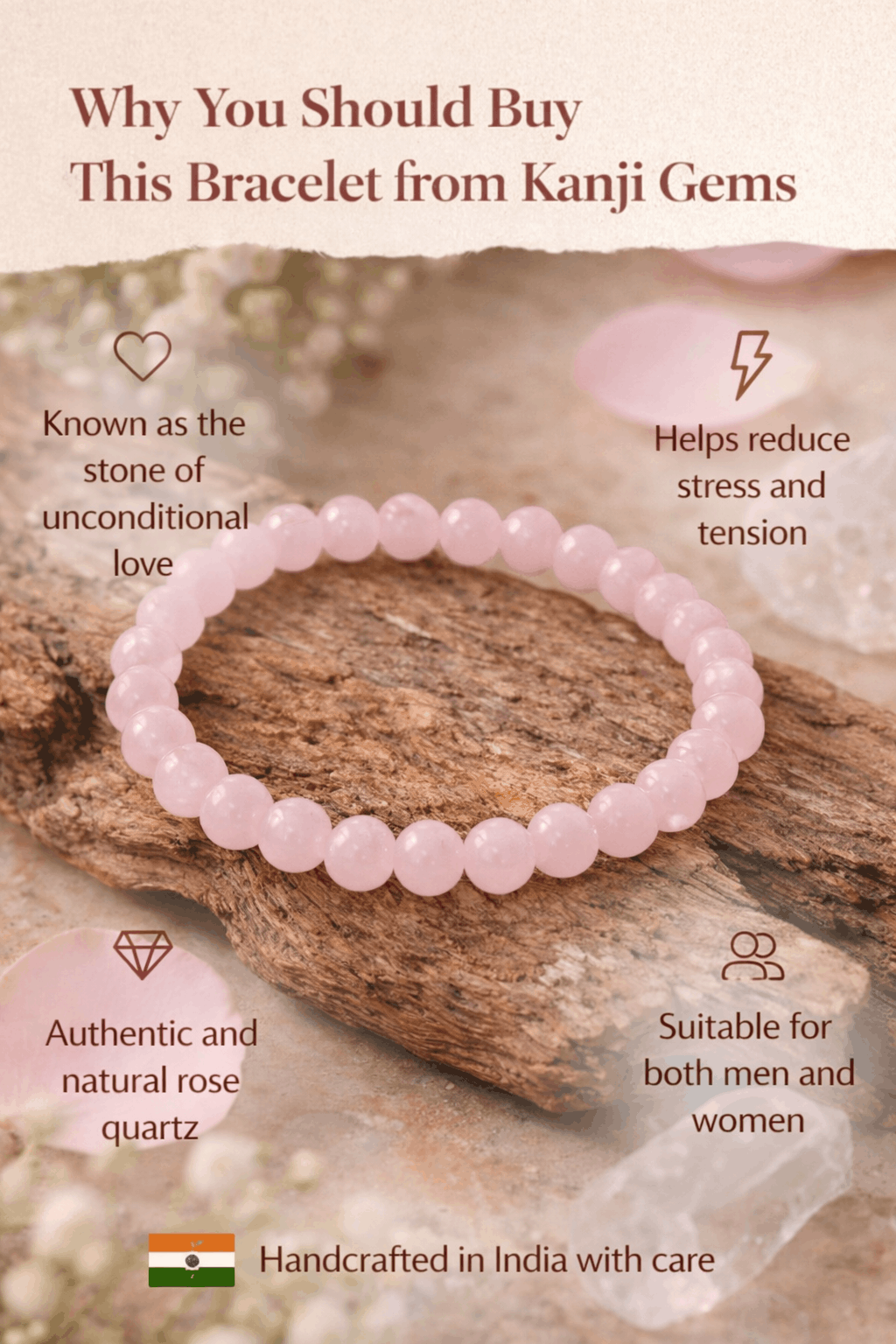 Rose Quartz Bracelet for Love & Emotional Balance (8 mm Beads) | Natural Crystal